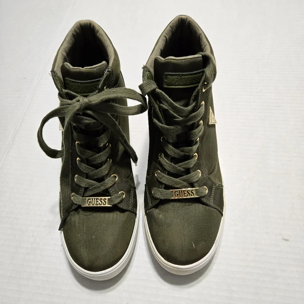 Guess High Top Wedge Sneaker, Lace Up Olive Green, 9